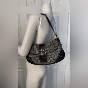 Coach Black and Gray Signature Canvas Shoulder Bag with Buckle Accent
